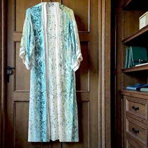 Susan Bristol Long Silk Duster Sheer Blue White Green Ombre Bohemian Fairy / L